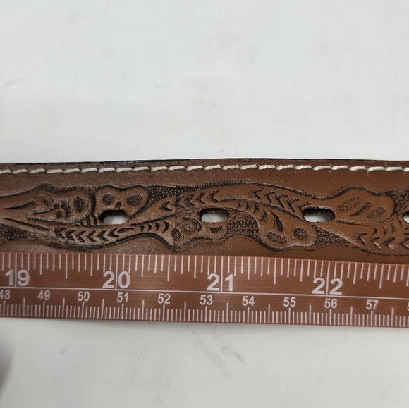 NOCONA BELT CO. BROWN EMBOSSED LEATHER BELT BULL RIDER BUCKLE YOUTH SIZE 22 BOYS - Picture 11 of 13